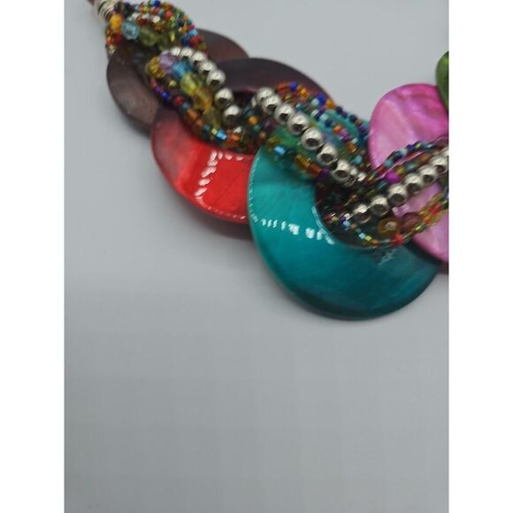 Chunky Disc Circle Hoop Shell Necklace Bib Twist Bead Circle Mother of Pearl 16" - Picture 8 of 10